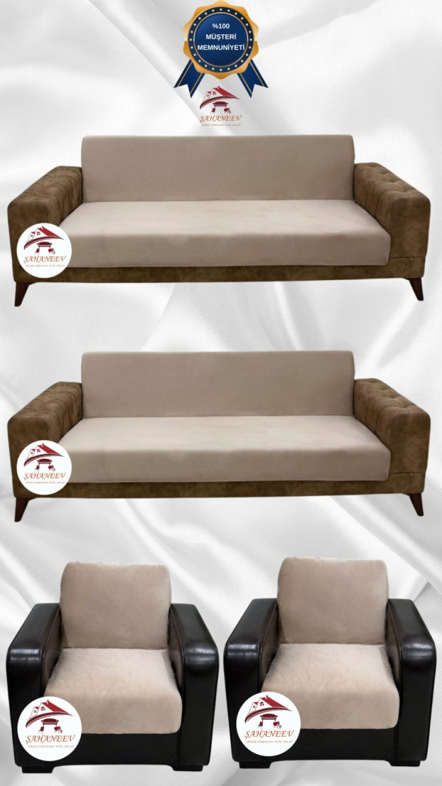 İtalyan Süet Kumaş Elastik Esnek Koruyucu Kolsuz Koltuk Örtüsü Vizon Renk 3+3+1+1 (4 Parça Set) Özel Ölçü