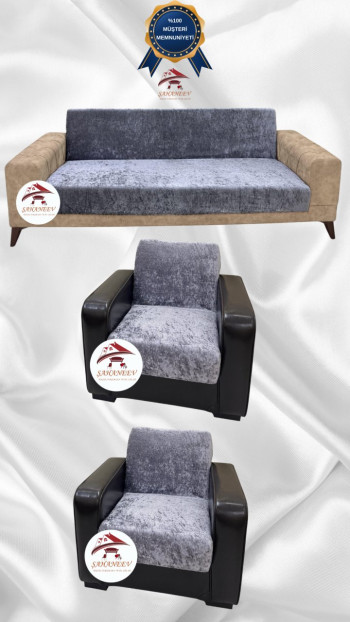 Parlak Kadife Kolsuz Koltuk Örtüsü - Işıltılı Geometrik Desenli Koruyucu Açık Gri Renk 3+1+1 (3 Parça Set)