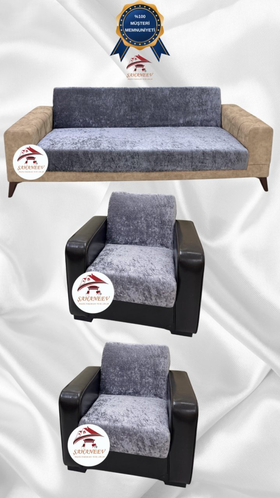 Parlak Kadife Kolsuz Koltuk Örtüsü - Işıltılı Geometrik Desenli Koruyucu Açık Gri Renk 3+1+1 (3 Parça Set) Özel Ölçü