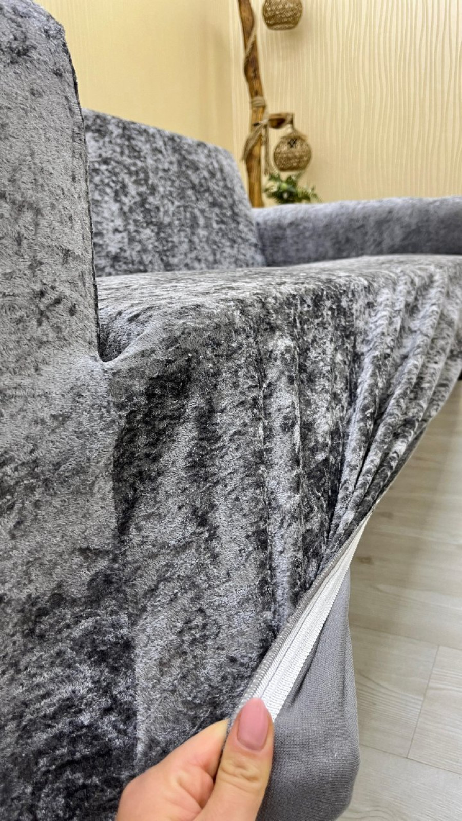 Parlak Kadife Kolsuz Koltuk Örtüsü - Işıltılı Geometrik Desenli Koruyucu Açık Gri Renk 3+1+1 (3 Parça Set) Özel Ölçü