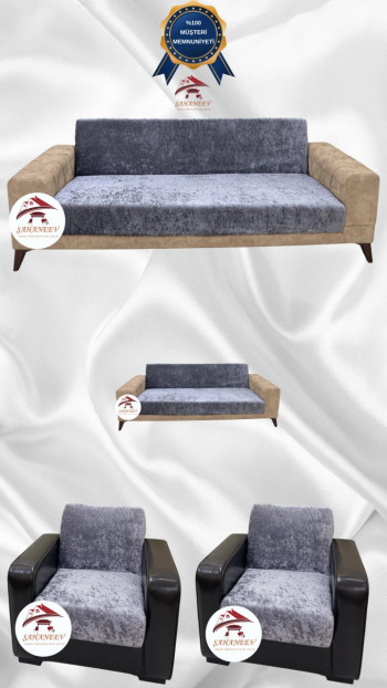 Parlak Kadife Kolsuz Koltuk Örtüsü - Işıltılı Geometrik Desenli Koruyucu Açık Gri Renk 3+2+1+1 (4 Parça Set)