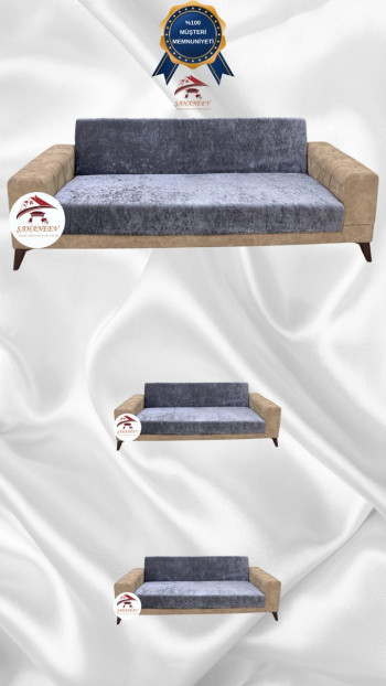 Parlak Kadife Kolsuz Koltuk Örtüsü - Işıltılı Geometrik Desenli Koruyucu Açık Gri Renk 3+2+2 (3 Parça Set)