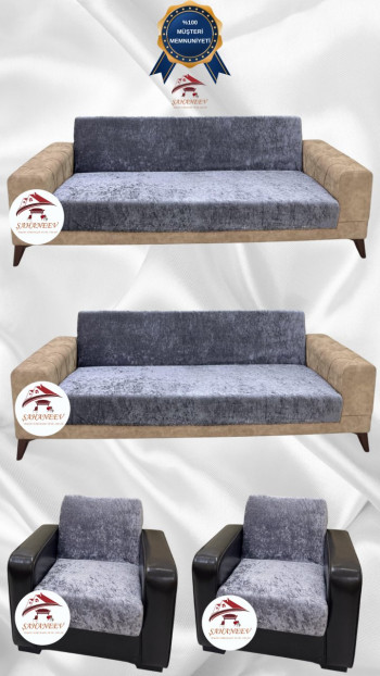 Parlak Kadife Kolsuz Koltuk Örtüsü - Işıltılı Geometrik Desenli Koruyucu Açık Gri Renk 3+3+1+1 (4 Parça Set)