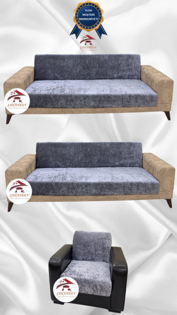 Parlak Kadife Kolsuz Koltuk Örtüsü - Işıltılı Geometrik Desenli Koruyucu Açık Gri Renk 3+3+1 (3 Parça Set)