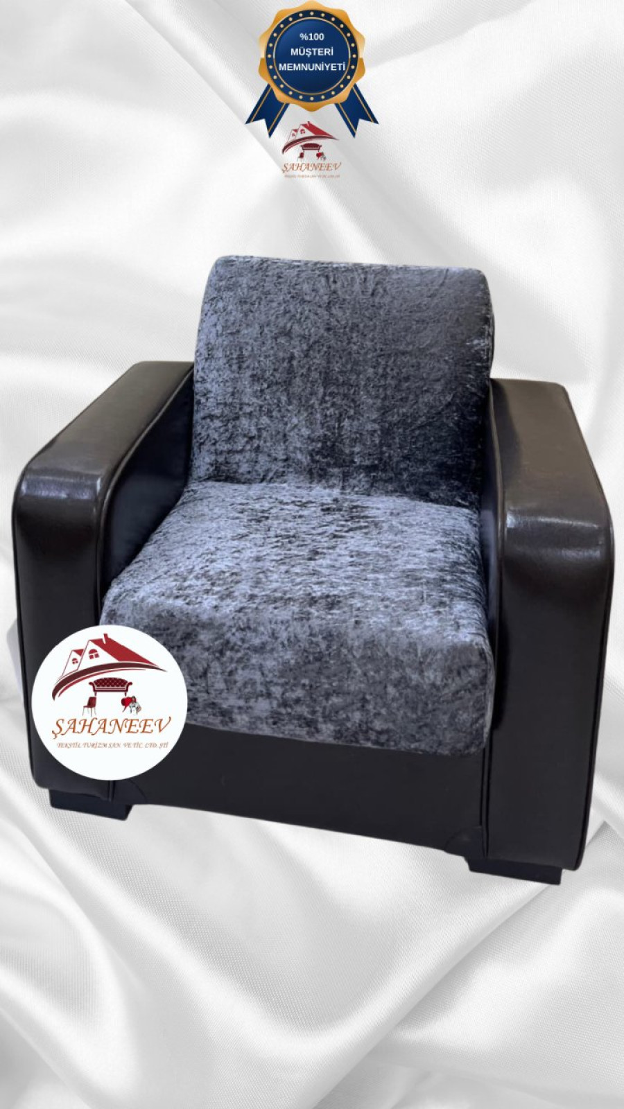 Parlak Kadife Kolsuz Koltuk Örtüsü - Işıltılı Geometrik Desenli Koruyucu Antrasit Renk Tekli (1 Parça)