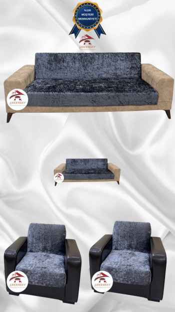 Parlak Kadife Kolsuz Koltuk Örtüsü - Işıltılı Geometrik Desenli Koruyucu Antrasit Renk 3+2+1+1 (4 Parça Set)