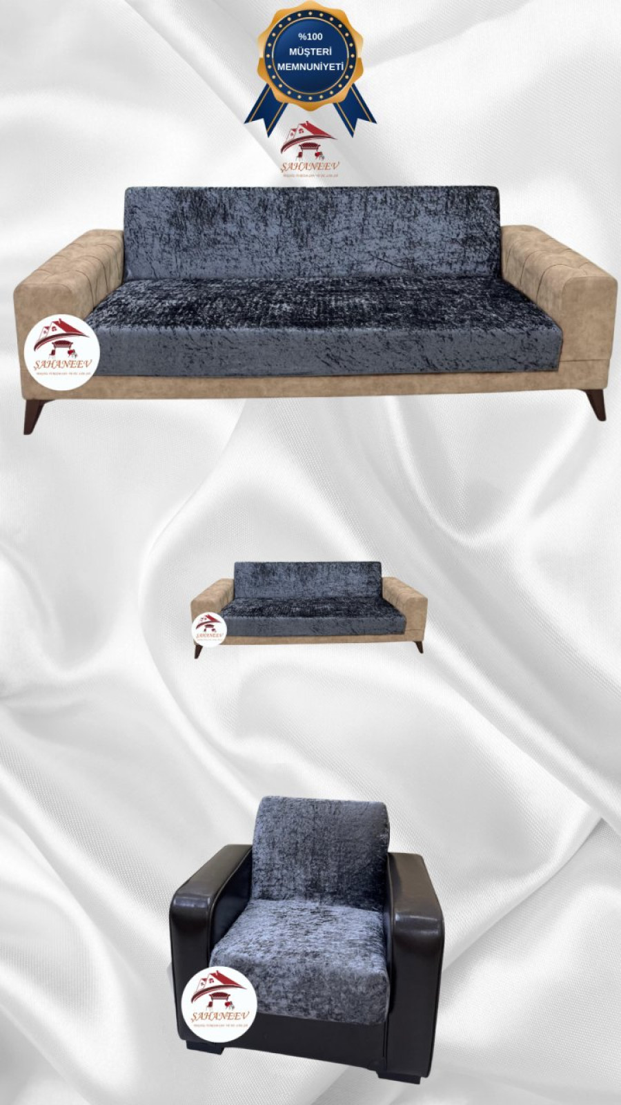 Parlak Kadife Kolsuz Koltuk Örtüsü - Işıltılı Geometrik Desenli Koruyucu Antrasit Renk 3+2+1 (3 Parça Set) Özel Ölçü