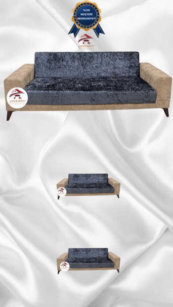 Parlak Kadife Kolsuz Koltuk Örtüsü - Işıltılı Geometrik Desenli Koruyucu Antrasit Renk 3+2+2 (3 Parça Set)