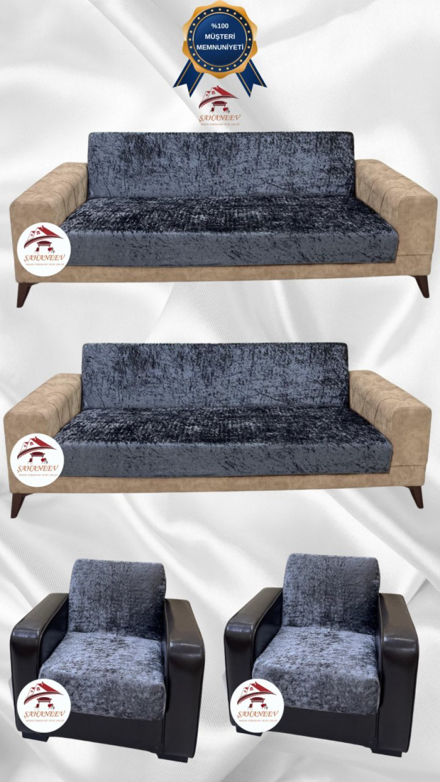 Parlak Kadife Kolsuz Koltuk Örtüsü - Işıltılı Geometrik Desenli Koruyucu Antrasit Renk 3+3+1+1 (4 Parça Set)