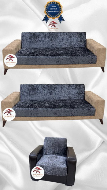 Parlak Kadife Kolsuz Koltuk Örtüsü - Işıltılı Geometrik Desenli Koruyucu Antrasit Renk 3+3+1 (3 Parça Set)