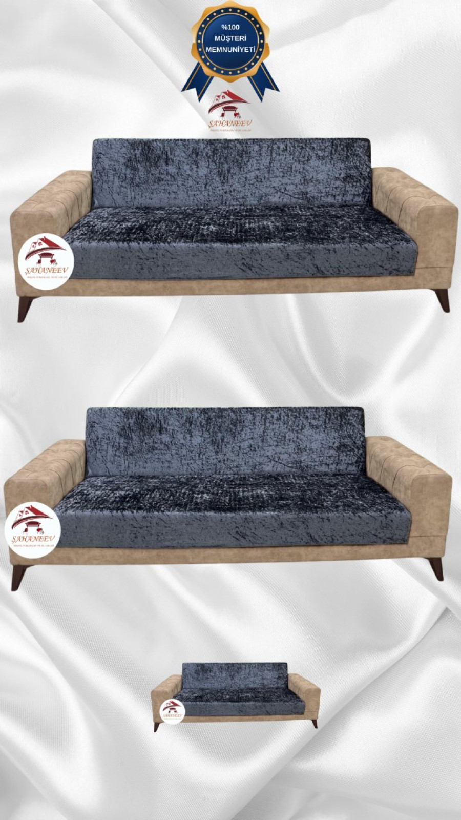 Parlak Kadife Kolsuz Koltuk Örtüsü - Işıltılı Geometrik Desenli Koruyucu Antrasit Renk 3+3+2 (3 Parça Set)