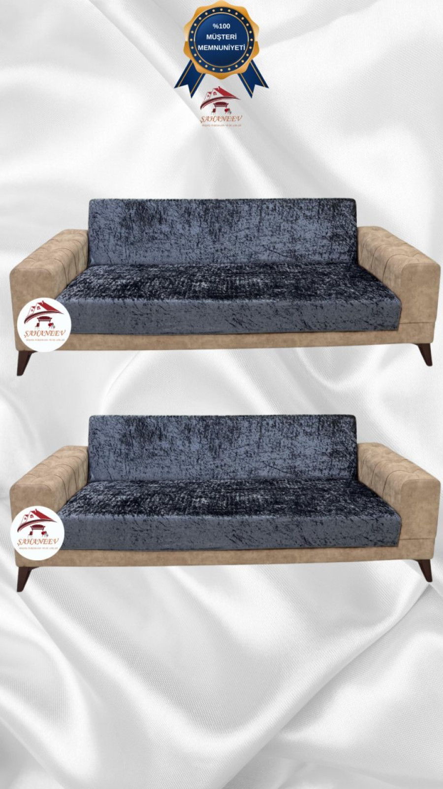 Parlak Kadife Kolsuz Koltuk Örtüsü - Işıltılı Geometrik Desenli Koruyucu Antrasit Renk 3+3 (2 Parça Set) Özel Ölçü