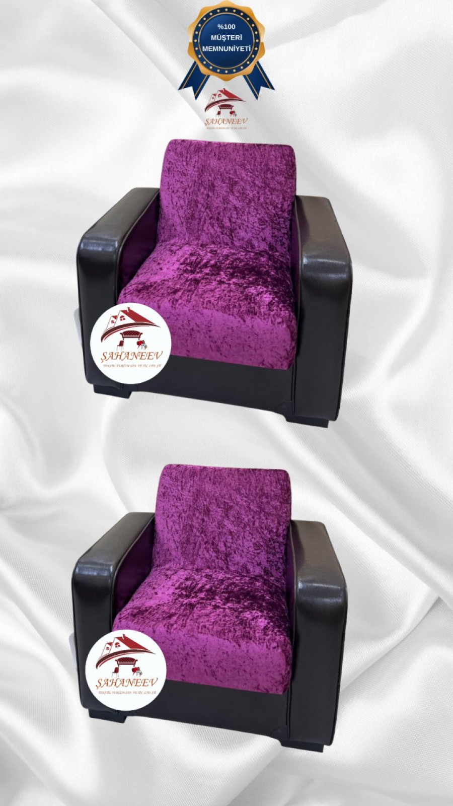 Parlak Kadife Kolsuz Koltuk Örtüsü - Işıltılı Geometrik Desenli Koruyucu Fuşya Renk 1+1 (2 Parça Set)