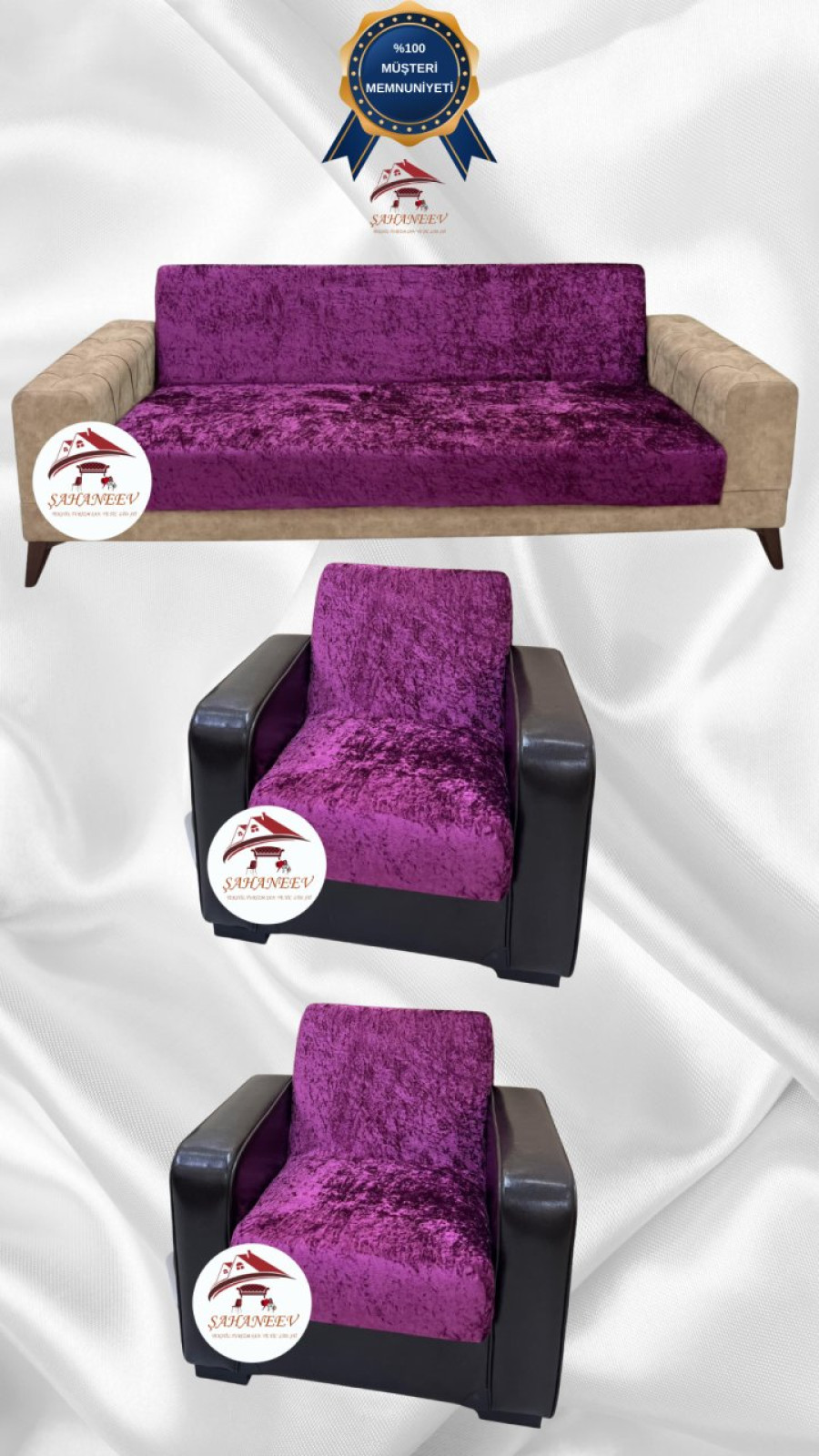 Parlak Kadife Kolsuz Koltuk Örtüsü - Işıltılı Geometrik Desenli Koruyucu Fuşya Renk 3+1+1 (3 Parça Set) Özel Ölçü