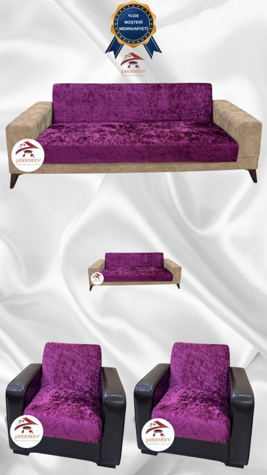 Parlak Kadife Kolsuz Koltuk Örtüsü - Işıltılı Geometrik Desenli Koruyucu Fuşya Renk 3+2+1+1 (4 Parça Set) Özel Ölçü