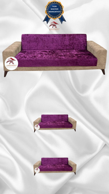 Parlak Kadife Kolsuz Koltuk Örtüsü - Işıltılı Geometrik Desenli Koruyucu Fuşya Renk 3+2+2 (3 Parça Set)