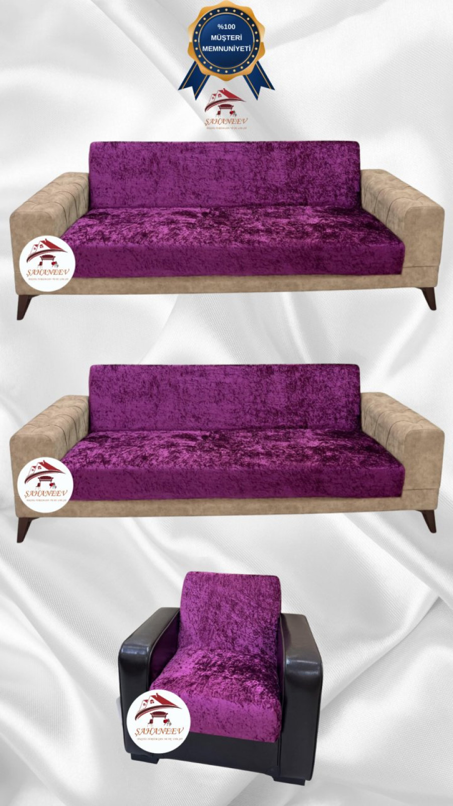 Parlak Kadife Kolsuz Koltuk Örtüsü - Işıltılı Geometrik Desenli Koruyucu Fuşya Renk 3+3+1 (3 Parça Set)