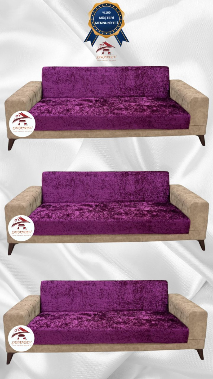 Shiny Velvet Armless Sofa Cover - Sparkly Geometric Pattern Protector Fuchsia Color 3+3+3 (3 Piece Set)