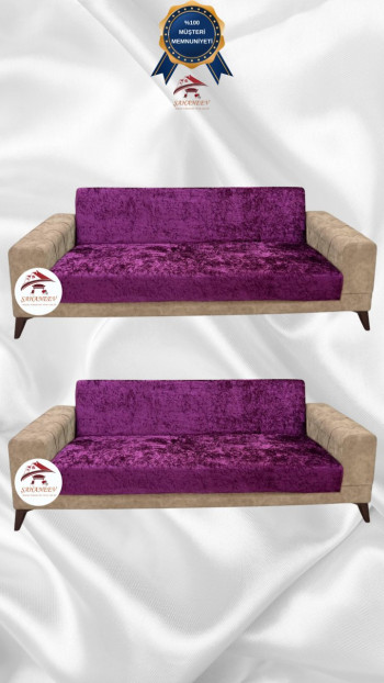 Parlak Kadife Kolsuz Koltuk Örtüsü - Işıltılı Geometrik Desenli Koruyucu Fuşya Renk 3+3 (2 Parça Set)