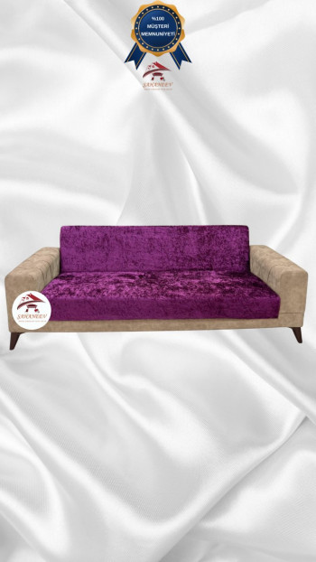 Parlak Kadife Kolsuz Koltuk Örtüsü - Işıltılı Geometrik Desenli Koruyucu Fuşya Renk 3'lü Set (1 Parça)