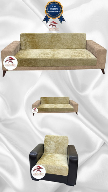 Parlak Kadife Kolsuz Koltuk Örtüsü - Işıltılı Geometrik Desenli Koruyucu Gold Renk 3+2+1 (3 Parça Set)