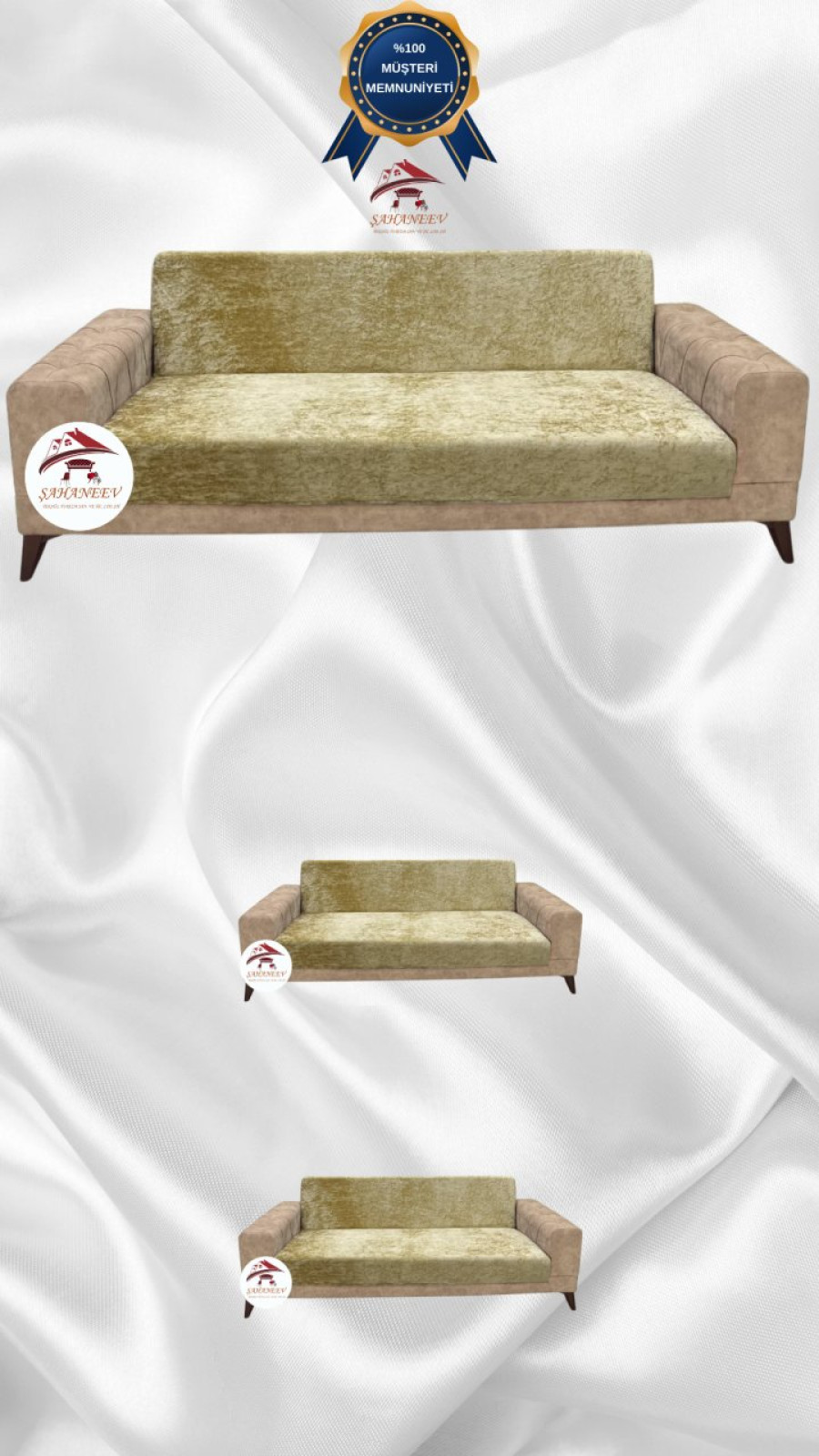 Parlak Kadife Kolsuz Koltuk Örtüsü - Işıltılı Geometrik Desenli Koruyucu Gold Renk 3+2+2 (3 Parça Set) Özel Ölçü