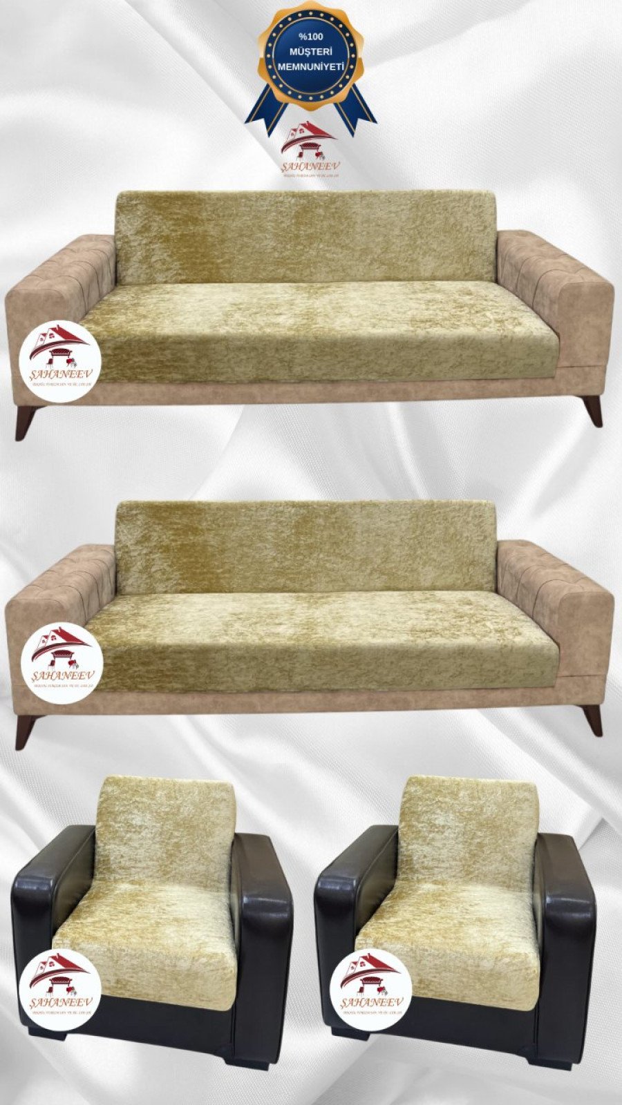 Parlak Kadife Kolsuz Koltuk Örtüsü - Işıltılı Geometrik Desenli Koruyucu Gold Renk 3+3+1+1 (4 Parça Set)