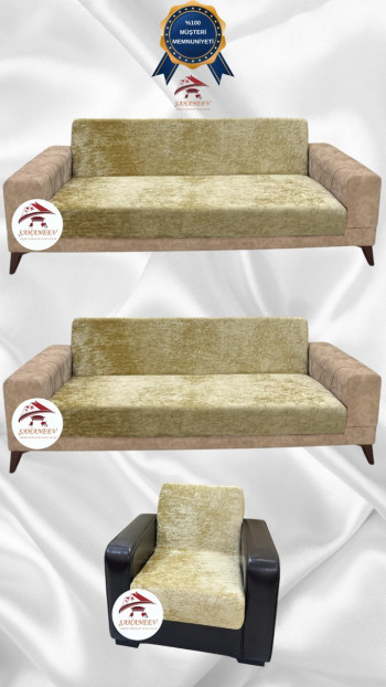 Parlak Kadife Kolsuz Koltuk Örtüsü - Işıltılı Geometrik Desenli Koruyucu Gold Renk 3+3+1 (3 Parça Set)