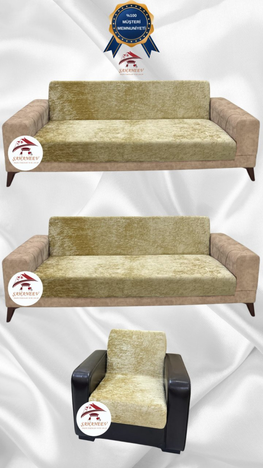 Parlak Kadife Kolsuz Koltuk Örtüsü - Işıltılı Geometrik Desenli Koruyucu Gold Renk 3+3+1 (3 Parça Set)