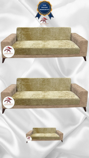 Parlak Kadife Kolsuz Koltuk Örtüsü - Işıltılı Geometrik Desenli Koruyucu Gold Renk 3+3+2 (3 Parça Set)