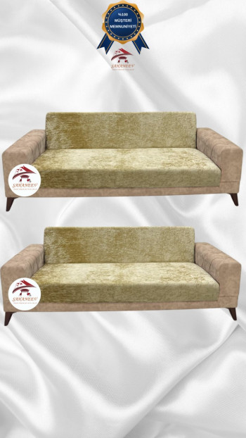 Parlak Kadife Kolsuz Koltuk Örtüsü - Işıltılı Geometrik Desenli Koruyucu Gold Renk 3+3 (2 Parça Set)