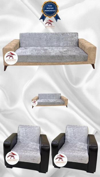 Parlak Kadife Kolsuz Koltuk Örtüsü - Işıltılı Geometrik Desenli Koruyucu Gümüş Gri Renk 3+2+1+1 (4 Parça Set)