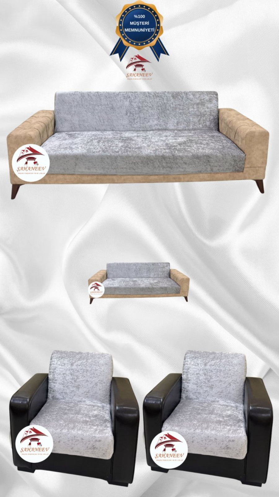 Parlak Kadife Kolsuz Koltuk Örtüsü - Işıltılı Geometrik Desenli Koruyucu Gümüş Gri Renk 3+2+1+1 (4 Parça Set)