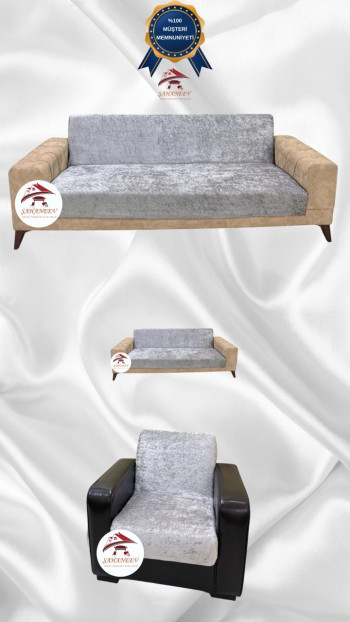 Parlak Kadife Kolsuz Koltuk Örtüsü - Işıltılı Geometrik Desenli Koruyucu Gümüş Gri Renk 3+2+1 (3 Parça Set)