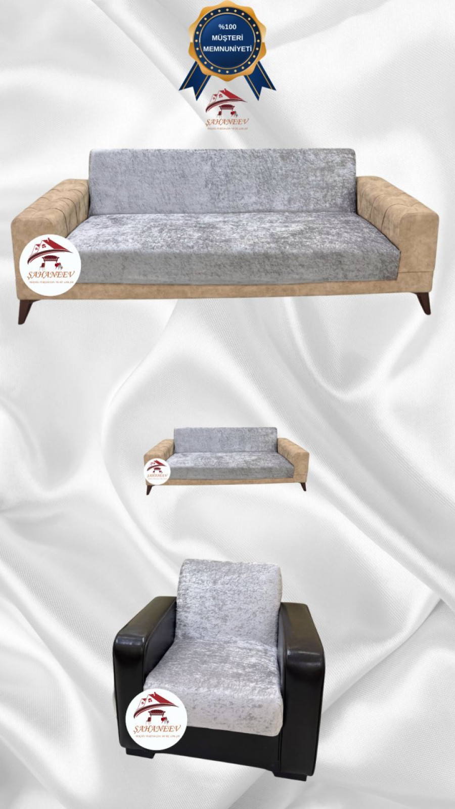 Parlak Kadife Kolsuz Koltuk Örtüsü - Işıltılı Geometrik Desenli Koruyucu Gümüş Gri Renk 3+2+1 (3 Parça Set)