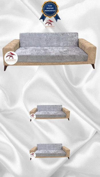 Parlak Kadife Kolsuz Koltuk Örtüsü - Işıltılı Geometrik Desenli Koruyucu Gümüş Gri Renk 3+2+2 (3 Parça Set)