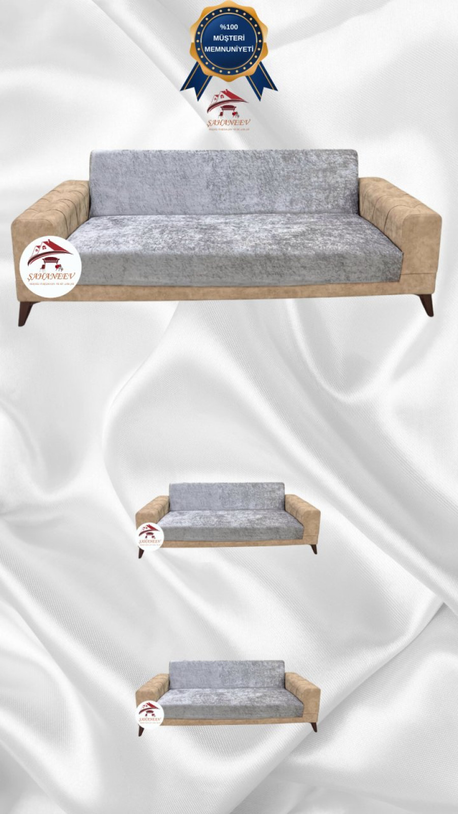 Parlak Kadife Kolsuz Koltuk Örtüsü - Işıltılı Geometrik Desenli Koruyucu Gümüş Gri Renk 3+2+2 (3 Parça Set)