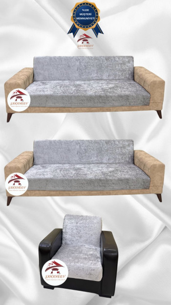 Parlak Kadife Kolsuz Koltuk Örtüsü - Işıltılı Geometrik Desenli Koruyucu Gümüş Gri Renk 3+3+1 (3 Parça Set)