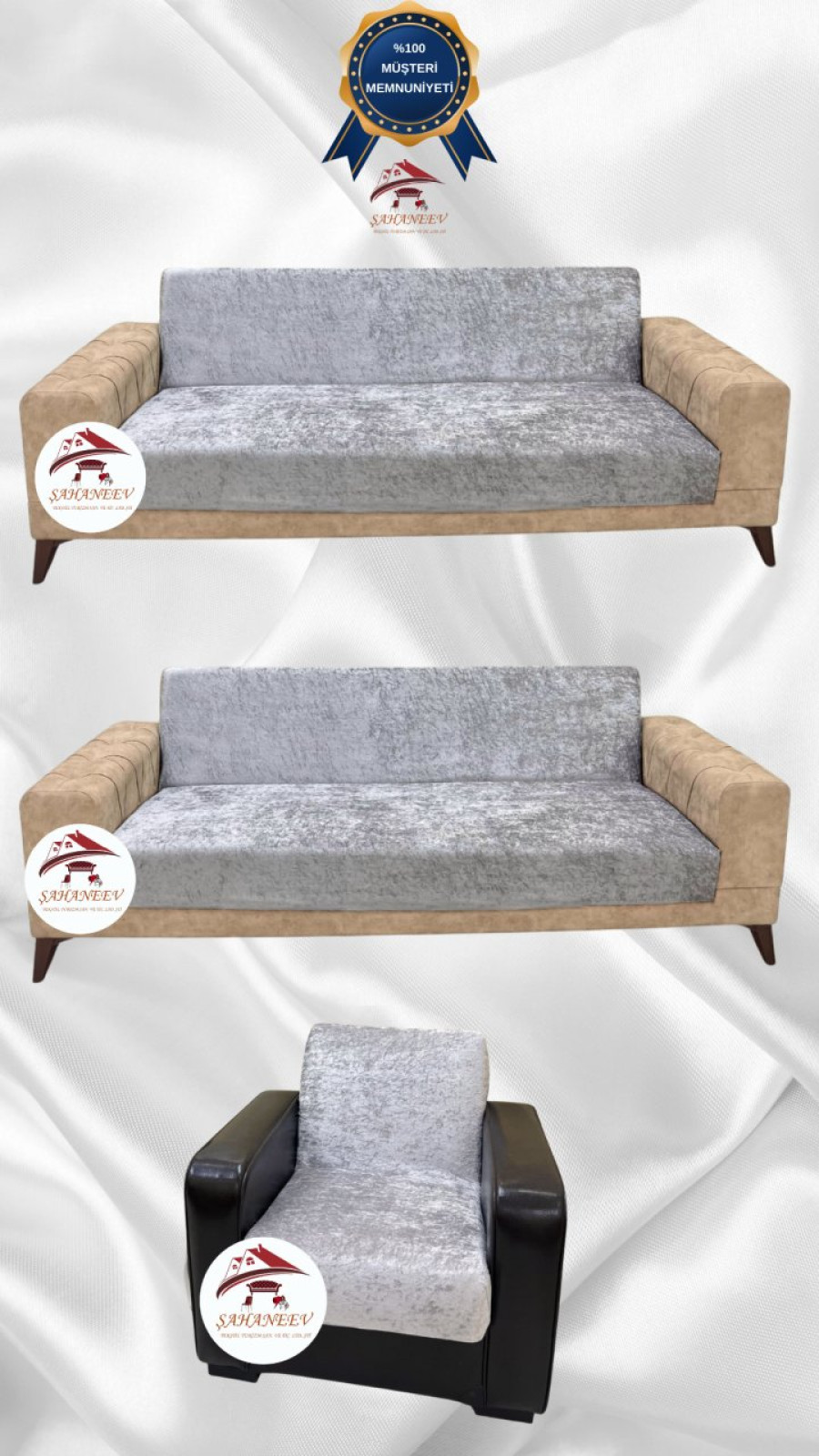 Parlak Kadife Kolsuz Koltuk Örtüsü - Işıltılı Geometrik Desenli Koruyucu Gümüş Gri Renk 3+3+1 (3 Parça Set)