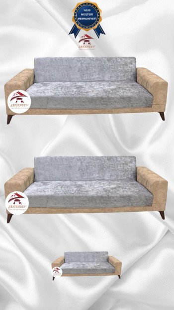 Parlak Kadife Kolsuz Koltuk Örtüsü - Işıltılı Geometrik Desenli Koruyucu Gümüş Gri Renk 3+3+2 (3 Parça Set)