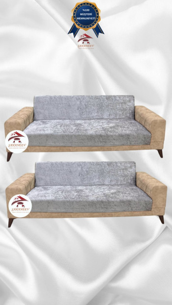 Parlak Kadife Kolsuz Koltuk Örtüsü - Işıltılı Geometrik Desenli Koruyucu Gümüş Gri Renk 3+3 (2 Parça Set)