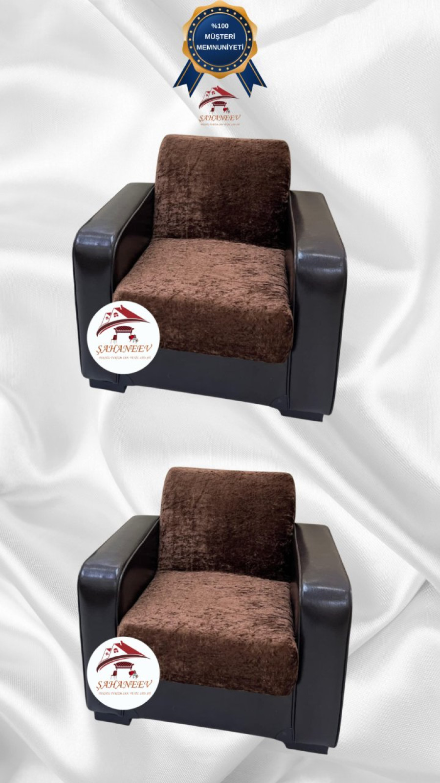 Parlak Kadife Kolsuz Koltuk Örtüsü - Işıltılı Geometrik Desenli Koruyucu Kahverengi Renk 1+1 (2 Parça Set) Özel Ölçü