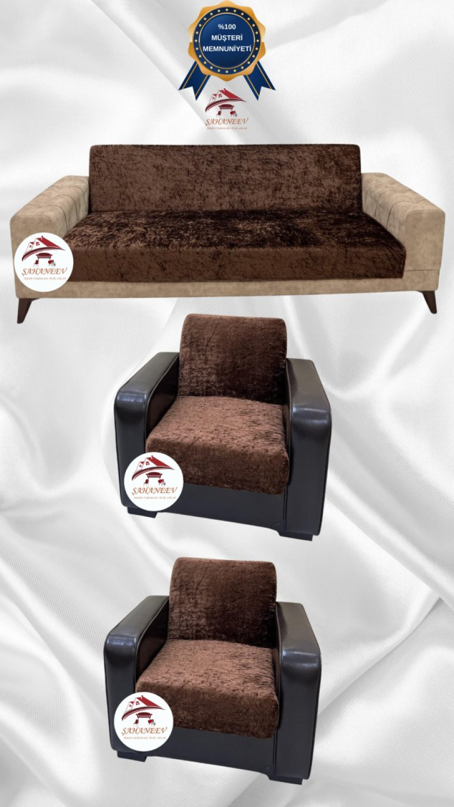 Parlak Kadife Kolsuz Koltuk Örtüsü - Işıltılı Geometrik Desenli Koruyucu Kahverengi Renk 3+1+1 (3 Parça Set)