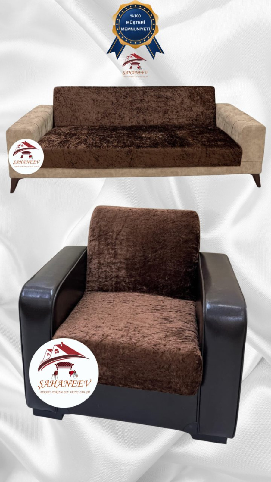 Parlak Kadife Kolsuz Koltuk Örtüsü - Işıltılı Geometrik Desenli Koruyucu Kahverengi Renk 3+1 (2 Parça Set) Özel Ölçü