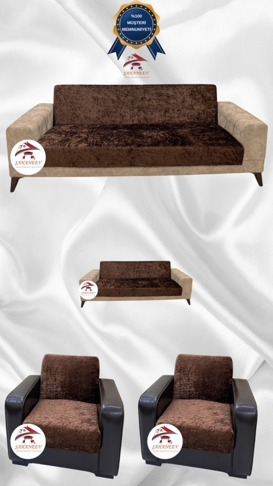 Parlak Kadife Kolsuz Koltuk Örtüsü - Işıltılı Geometrik Desenli Koruyucu Kahverengi Renk 3+2+1+1 (4 Parça Set)