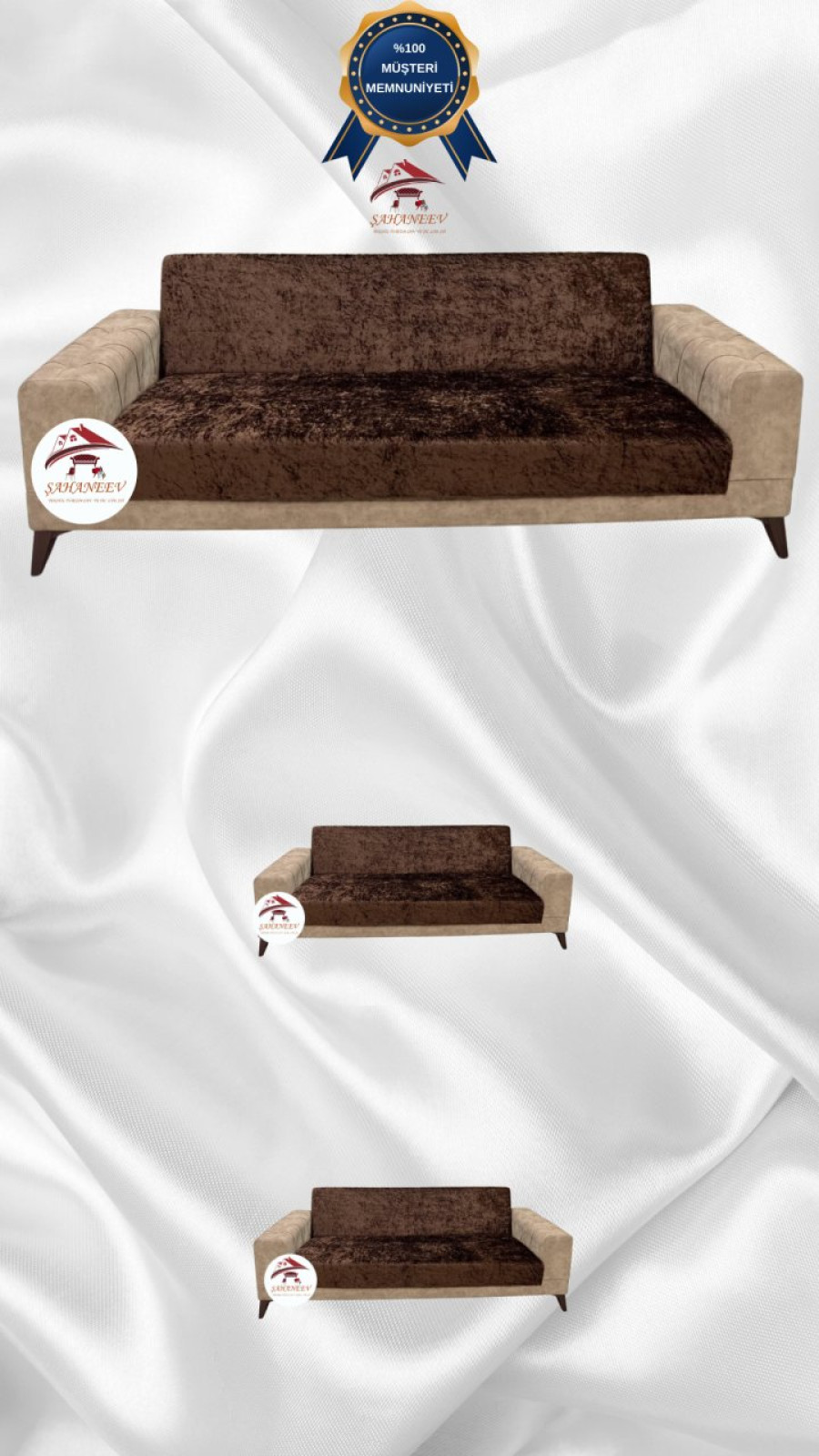 Parlak Kadife Kolsuz Koltuk Örtüsü - Işıltılı Geometrik Desenli Koruyucu Kahverengi Renk 3+2+2 (3 Parça Set)