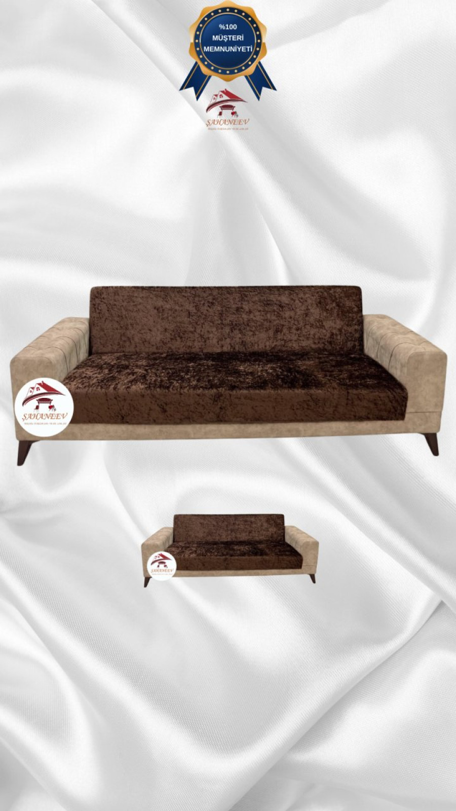 Parlak Kadife Kolsuz Koltuk Örtüsü - Işıltılı Geometrik Desenli Koruyucu Kahverengi Renk 3+2 (2 Parça Set)