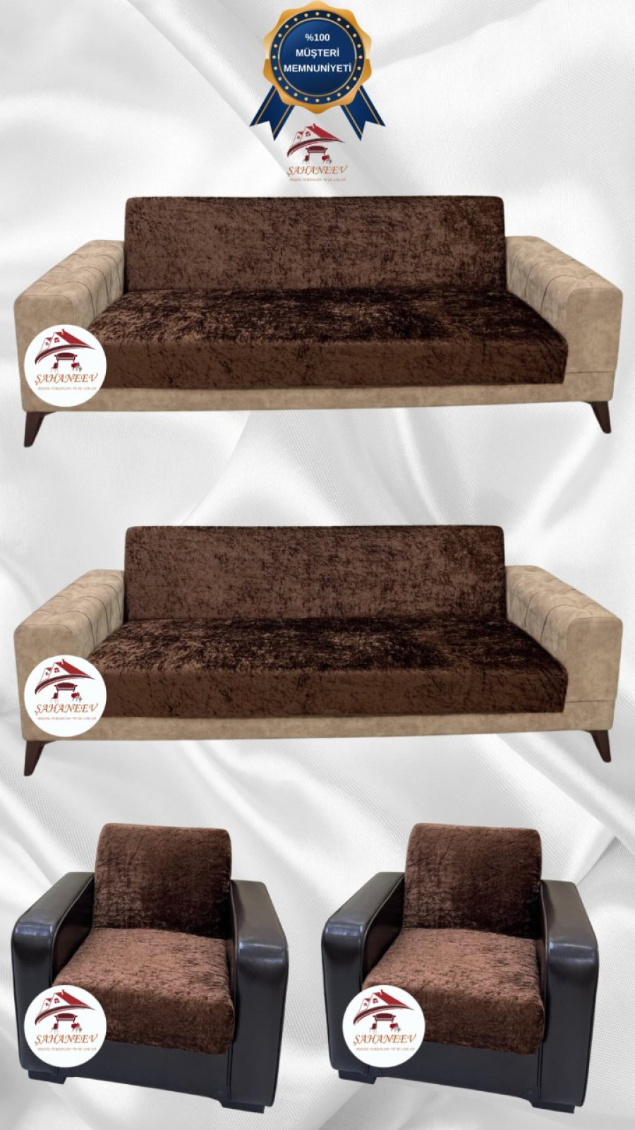 Parlak Kadife Kolsuz Koltuk Örtüsü - Işıltılı Geometrik Desenli Koruyucu Kahverengi Renk 3+3+1+1 (4 Parça Set)