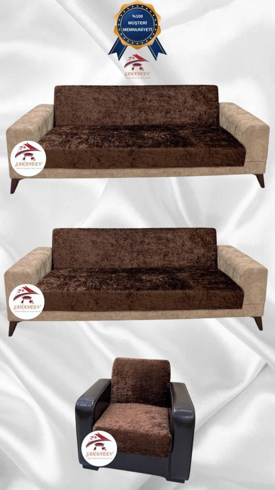 Parlak Kadife Kolsuz Koltuk Örtüsü - Işıltılı Geometrik Desenli Koruyucu Kahverengi Renk 3+3+1 (3 Parça Set)