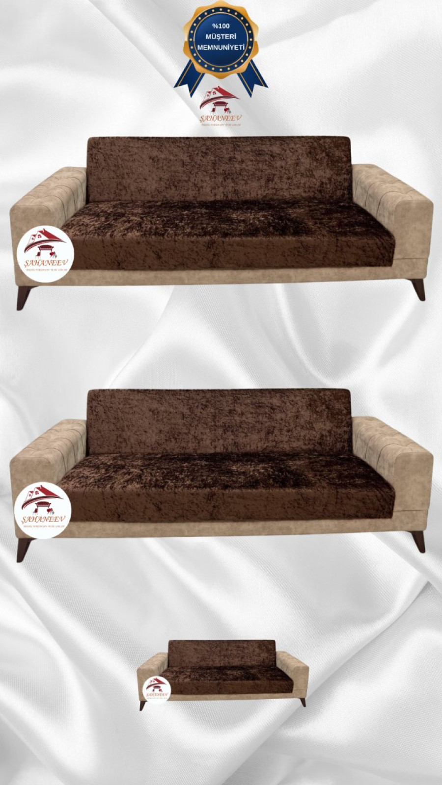 Parlak Kadife Kolsuz Koltuk Örtüsü - Işıltılı Geometrik Desenli Koruyucu Kahverengi Renk 3+3+2 (3 Parça Set)